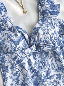 SHEIN 少女蓝白瓷花卉印花扭纹前 V 领吊带背心海滩度假泳衣，适合海滩、情人节、优雅、波西米亚风/复古 - 藍白色 - 查看 8