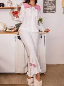SweetSlumber Conjunto de pijama con cuello Peter Pan, bloques de color y lazo para mujer
