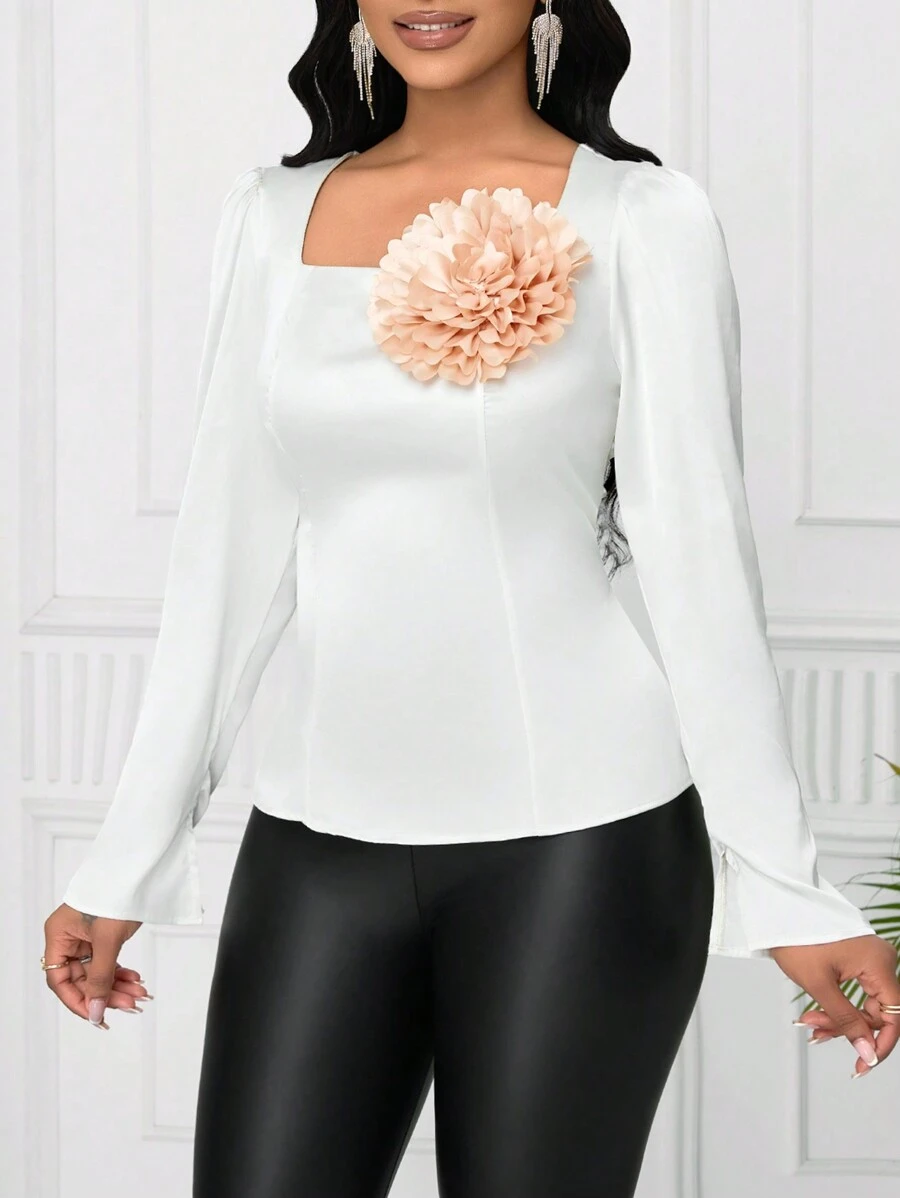 SHEIN Clasi Áo cánh dài tay họa tiết hoa 3D phong cách đi làm cho nữ - trắng - Xem 1