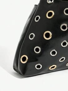 SHEIN ICON 女士手提包，时尚，个性，简约，百搭，街头风，甜美酷炫女孩，辣妹，千禧一代，金银铆钉，青少年，机车风 - 黑色 - 查看 6