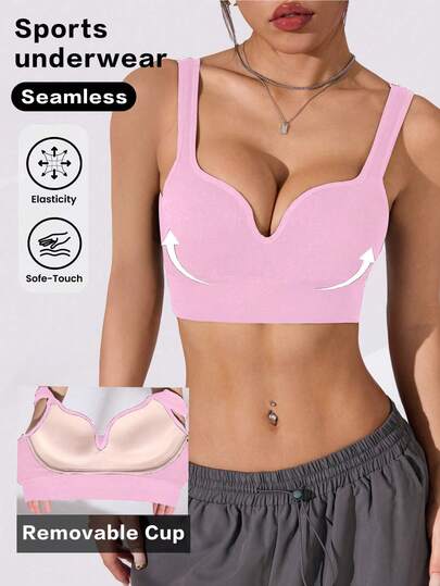 Slayform プラスサイズ 無地 ワイドストラップミニマルカジュアルスポーツブラ、縫い付けパッド付き高サポート、取り外し不可能なパッド付き、女性 ハイサポート レーサーバック、ワークアウト、ヨガ、ランニング