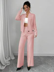 Chiquease Solid Color Loose Elegant Women Autumn Set, 2pcs Suits Long Sleeve Knit Sweater & Pants Set, Cardigan Coat Sweater Jacket Outfit