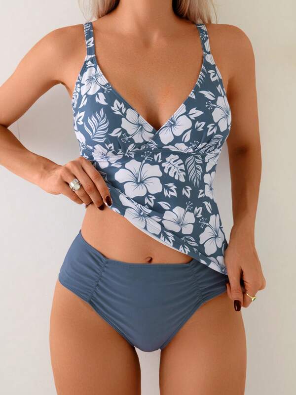 Swim Lushoire Summer Women's V-Neck Flower Print Slimming Beach Holiday Camisole Spaghetti Strap Top Bikini
