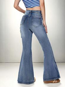 SHEIN EZwear Women's Jeans Sweet Skinny Stretch Butterfly Embroidery Pattern Flared Pants Blue Skinny Flared Jeans - Dark Wash - View 2