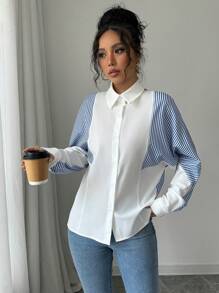 Elenzga Camicia a maniche lunghe da donna con patchwork a righe e bottoni