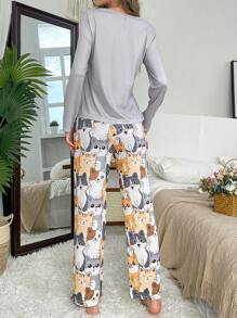 Cute Cat Print Women Pajama Set, Fall Winter Clothes - Multicolor - View 2