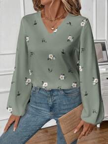 EMERY ROSE Women's V-Neck Floral Print Long Sleeve Casual Shirt, Suitable For Autumn And Winter Chic Blouses For Women