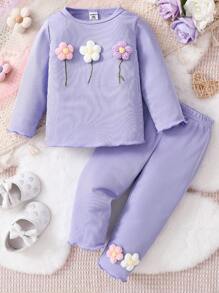 SHEIN 2 件装女婴紫色纯色花朵装饰休闲舒适家居服套装、长裤和长袖上衣 - 紫色 - 查看 1