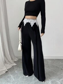 Elenzga 黑色直筒蕾丝拼接运动裤，简约时尚，适合日常休闲穿着 - 黑色 - 查看 5