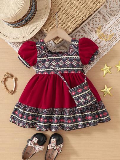 SHEIN 2pcs/Set Infant & Baby Girl Retro Collar Princess Bubble Sleeve Floral Splicing Print Dress With Hidden Zipper, Comfortable & Fashionable For Spring, Summer, Fall