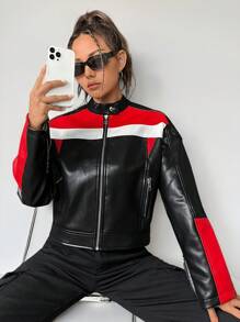 SHEIN Coolane 撞色拉鏈開襟PU皮革夾克 - 黑色 - 查看 6