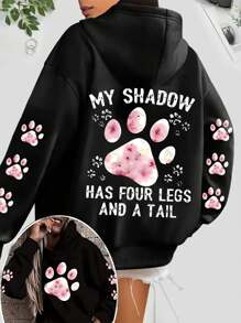 Flirla Plus Size "My Shadow Has Four Legs And A Tall" Letter Print And Paw Print Warm Chunky Hooded Sweatshirt Graduation,Back To School,Graduation,Teacher For Women,Back To School Pullover Fall Winter Autumn - Black - View 1