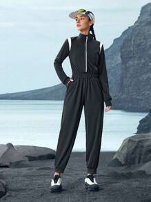 In My Nature Women's Solid Color Patchwork Front Zipper Long Sleeve Casual Jumpsuit - Black and White - View 5