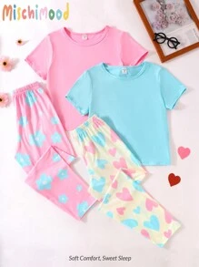 SHEIN 4 件套青少年女孩休闲花卉心形图案长裤和纯色短袖上衣睡衣套装假日旅行休闲夏装