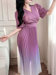 DAZY V-Neck Puff Sleeve Ombre Pleated Waist Midi Dress For Women - Purple - View 6