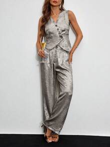 SHEIN Clasi Asymmetrische metalen stoffen damesvest en broekpakset met knoopsluiting