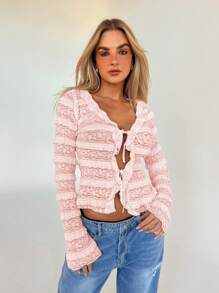 Aloruh 女士时尚前系蝴蝶结透明长袖衬衫 - 淺粉色 - 查看 6