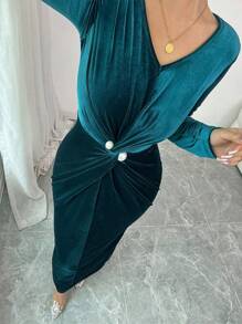 Modelyn Damska elegancka zielona aksamitna plisowana perłowa zdobiona sukienka typu bodycon, jesienno-zimowa długa damska sukienka wieczorowa