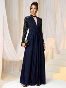SHEIN Belle Women Sequin Patchwork Stand Collar Long Gown Dress For Party, Wedding Guest Dress, Prom Dress - Navy Blue - View 3