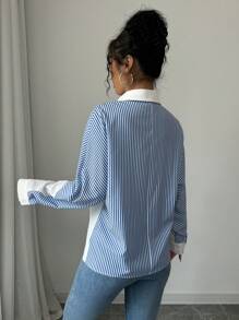 Elenzga Camicia a maniche lunghe da donna con patchwork a righe e bottoni