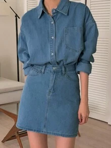 DAZY Women's Denim Loose Collared Top Shirt And Short Skirt 2 Pieces Set, Spring/Autumn - Medium Wash - View 3