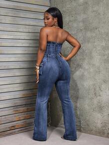 SHEIN Slayr 女士露肩镂空口袋休闲牛仔连身裤 - 深色水洗藍 - 查看 2