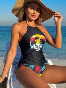 Swim Lushoire Summer Fashion Tie-Neck Coconut Tree Print Split Bikini Set Two-Piece Tankini Set For Women - Multicolor - View 4