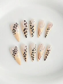 ROMWE Grunge Punk 10pcs Halloween Punk Style Leopard Print Press-On Nails + 3pcs 2-Sided Adhesive Tape, Y2K Gothic Leopard Nail Sticker, Removable And Reusable Handpainted Nail Art Decals, Suitable For Festivals, Parties, Dancing And Daily Wear - Multicolor - View 5