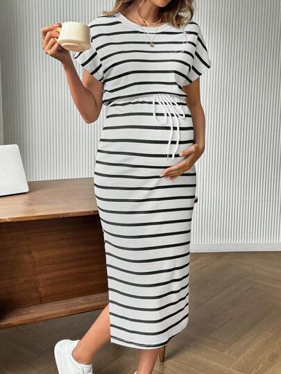 SHEIN Pregnant Women Striped Crew Neck Batwing Sleeve Drawstring Waist H-Line Dress Maternity Dress