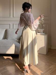 DAZY Women's Elegant Midi Patchwork Dress, Spring/Summer Sundress - Beige - View 7