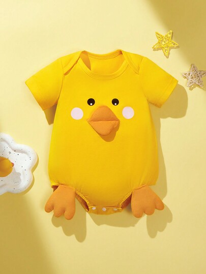 SHEIN Persoplay Kids Newborn Cute Chick Design Outfit, Soft Comfortable Knit Fabric With 3D Chick Beak & Paw Decor, Suitable For Outdoor Activities, Parties, Home Leisure, Birthday Photo Shooting, Spring & Summer