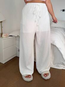 Flirla Plus Size Women Textured Wide Leg Casual Pants, Spring/Summer - White - View 3