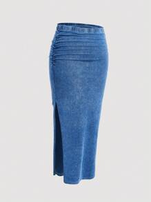 SHEIN MOD Plus Size Stretchy Ruched Denim Midi Skirt, Casual Blue Tight-Fitting Denim - Medium Wash - View 1