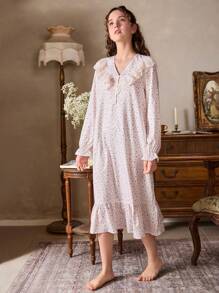 少女碎花长袖睡衣，简约粉色 - 粉色 - 查看 3