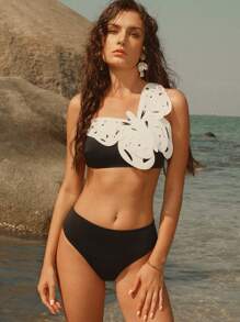 Anewsta Women's Simple Fashion Casual Daily Swimwear Set Summer - Black and White - View 1