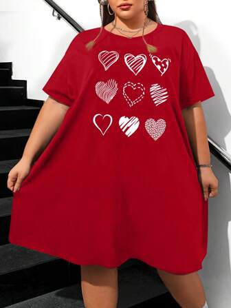 SHEIN CURVE+ Plus Size Dam Hjärtmönster Stickad Elastisk A-Line klänning för alla hjärtans dag, till sommaren