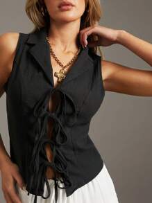 SHEIN Essnce Camicetta casual da donna con laccio frontale, senza maniche, in colore nero tinta unita, senza maniche, casual, adatta a vacanze, feste di Capodanno, Natale e stile Y2K - nero - Visualizzare 8
