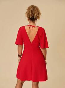 Travachic Đầm Plus Size Hội Chữ thập Buộc lại Dây kéo màu trơn Gợi cảm - Đỏ - Xem 2