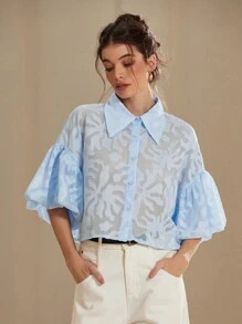 Aveloria Rosie 提花泡泡袖前扣衬衫 女式纽扣衬衫 - 淺藍色 - 查看 6