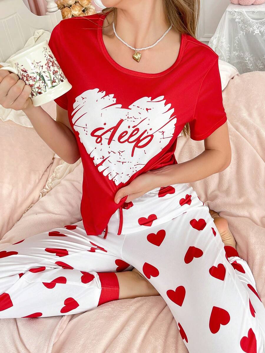 2 Pieces Heart Design Couple Pajamas Set For Women - Multicolor - View 1