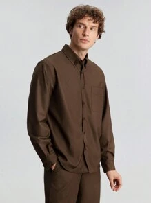 Ontre Men's Spring Brown Button-Down Long Sleeve Shirt, Fashionable Minimalist, Suitable For Valentine's Day Date, Holiday, New Year Party, Business Casual - Chocolate Brown - View 6