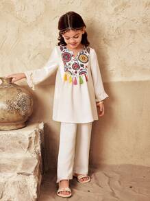 SHEIN Leap Crew DRMZ 2 件套少女套装：编织纯色拼接碎花流苏衬衫和编织长裤 - 彩色 - 查看 7