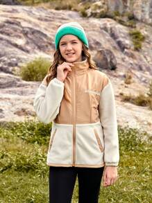 SHEIN Chaqueta de cuello alto de forro polar suave con parches, para uso casual al aire libre, adecuada para niñas/adolescentes, cómoda para actividades al aire libre, uso diario y fotografía en la ciudad