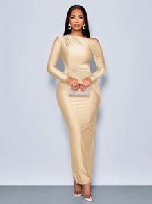 SOLERSUN Suitable For Christmas Party Vacation & Dating Elegant Asymmetric Neckline Ruched Side Bodycon Dress, Valentine's Day Dating - Khaki - View 3