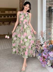 DAZY 女式圆领无袖花卉印花休闲迷你连衣裙夏季，适合春季巡航女装 - 綠色 - 查看 2