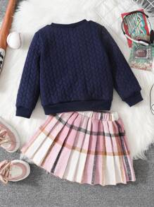 SHEIN 2pcs/Set Girls Embroidered Pink Top And Plaid Pleated Skirt - Multicolor - View 2