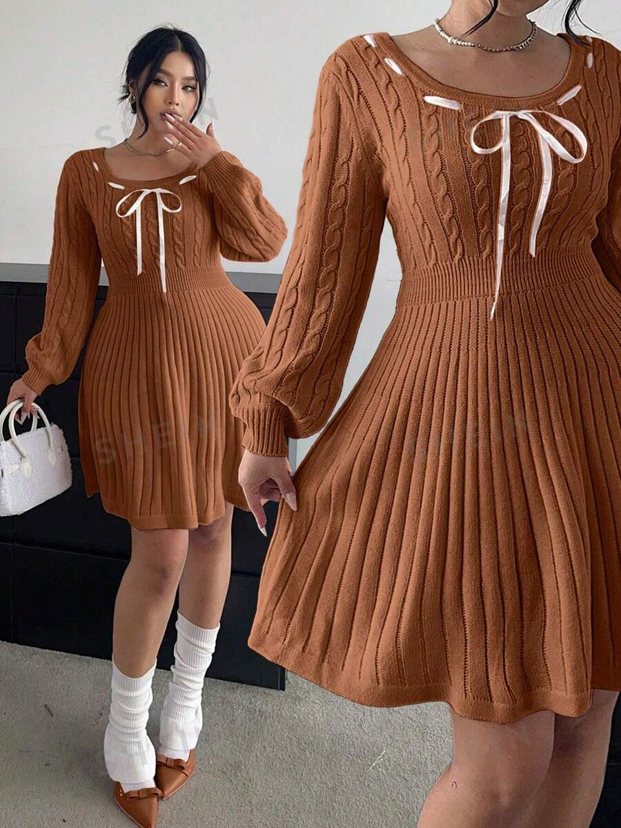 POPSWAY Vestido informal de suéter con cuello de barco y cordón, estilo línea A para otoño/invierno