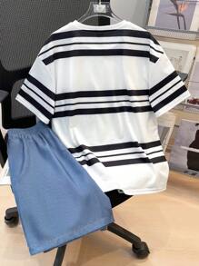 SHEIN Tween Boy Striped Short Sleeve T-Shirt And Shorts 2 Pieces Set - White - View 8