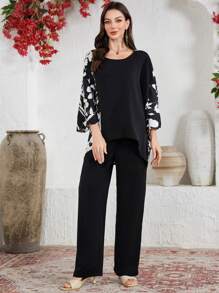 Lacomfia Women's Casual Color Block Round Neck Top With Loose Fit Pants, 2 Pieces Set