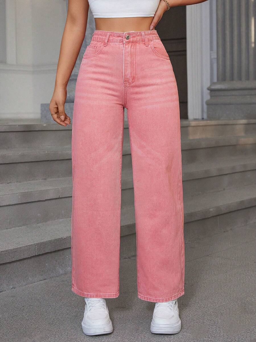 素色高腰闊腿斜口袋牛仔褲 - 粉色 - 查看 1